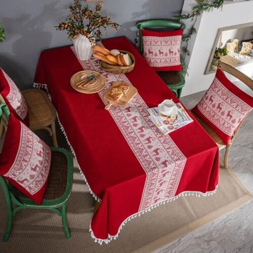 Modern Christmas Red Jacquard Fawn Tablecloth Fashion American Imitation Cotton And Linen Tassel Square Coffee Table Tablecloth