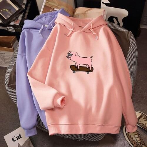 Kawaii Skateboarding Pig Printed Hoodie Graphic Oversize Sweatshirt Autumn Winter Streetwear Harajuku Oversized Cartoon Hoodies