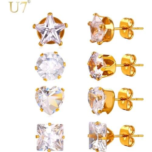 U7 Cubic Zirconia Stud Earrings For Women Gift Fashion Jewelry Wholesale Gold Color Stainless Steel Crystal 4 Pairs/Set E782