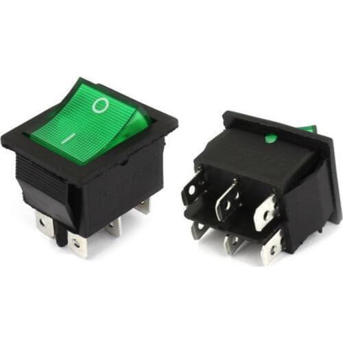 YOCOMYLY 10pcs New AC250V 15A 6 Pin DPDT ON/OFF 2 Position Green Neon light Rocker Switch
