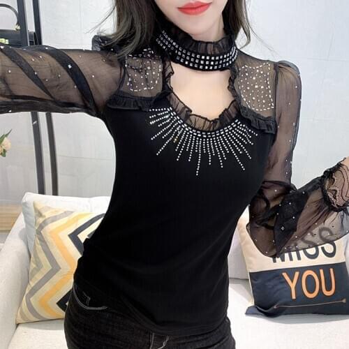 #5624 Black White Red Long Sleeve T Shirt With Sequins Women Stand Collar Split Joint Basic T-shirt Femme Sexy Slim Stretch Thin