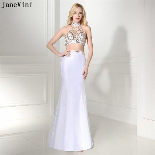 JaneVini Sexy White Two Pieces Bridesmaid Dresses Mermaid High Neck Beading Backless Floor Length Satin Formal Long Prom Gowns