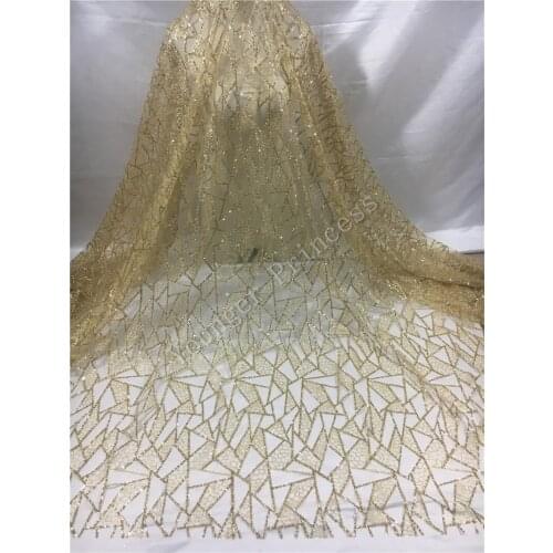 Gold color pretty design Glued glitter sequins Tulle Lace Fabric Latest French Nigerian For YG-371 for party dress