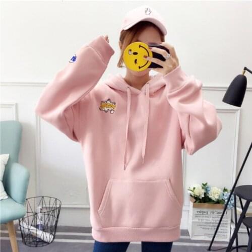 #2626 Harajuku Long Sleeve Thick Tops Girls Winter Hooded Sweatshirts Women Large Size Printed Cotton Sweatshirt Female Korean