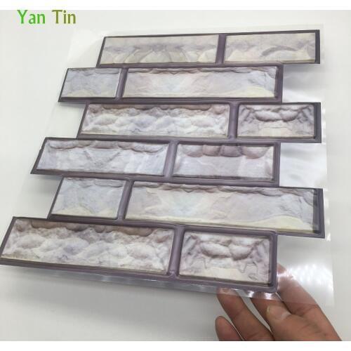 3D Silver-White Rectangular Splice Pattern Relief Wall Stickers Kitchen Bathroom Waist Line Wall Decals Detachable PVC Art Mural