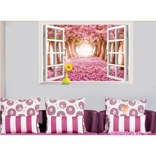 Free Shipping 3d Cherry blossoms floral tree scenery window wall stickers living room home decoration wallpaper
