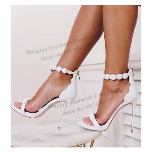 Moraima Snc White Leather High Heel Shoes Sexy Open Toe Ankle Strap Gladiator Sandal Sumer Thin Heel Party Shoes