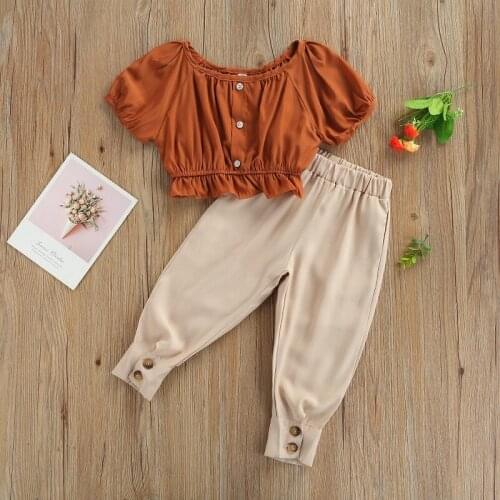 2021 Summer Kids Baby Girl Short Sleeve T-shirt Tops Elastic Waist Beam Feet Pant Trouser 2PCS Girls Clothing Set