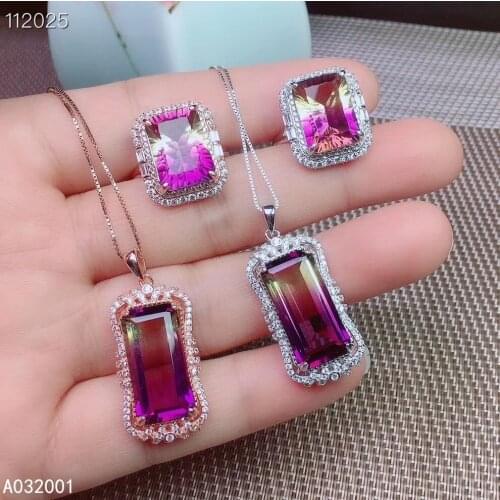 KJJEAXCMY fine jewelry Ametrine 925 sterling silver women gemstone pendant necklace chain ring set lovely