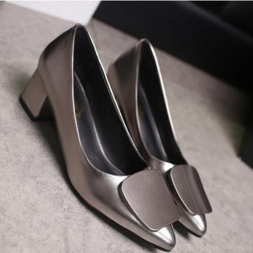 2018 Summer New Korean version of Baizhao Womens square buckle with high heels thick and pointed shallow work shoes