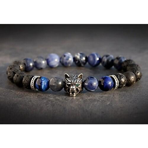 Trendy Charm Bracelet Men Blue Agates Lava Beads Bracelet Handmade Leopard Alloy Bracelets&Bangles Pulseira Masculina