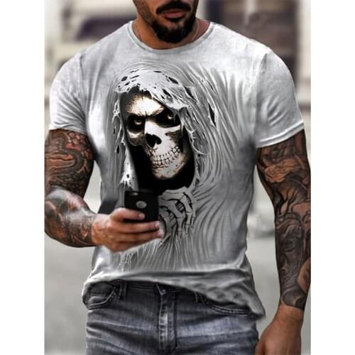 Mens T-shirt with 3D printed skull and zombie pattern, personalized trendy streetwear, oversized summer breathable top