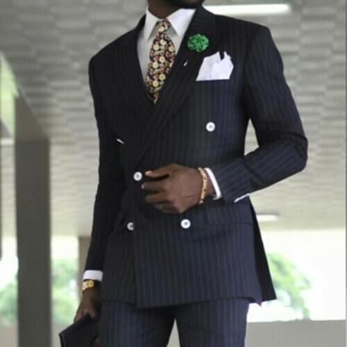 Men Pinstripe Suits Double Breasted Business Formal Wedding Tuxedos 2020 Peaked Lapel 2 piece Male Jacket with Pants Costume