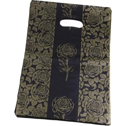 New Design Hot Sale Wholesale 100pcs/lot 25*35cm Black Luxury Fashion Gift Packaging Bags With Gold Rose Flower
