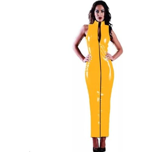 24 Colors Two Way Zipper Front Long Dress Women Sexy Sheath Sleeveless PVC Clubwear Glossy Bandage High-down Collar Vestido 7XL