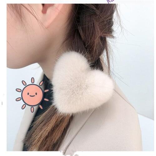 Real Mink Fur Hair Ties Women Girls Heart Elastic Ring Rope Pompom Fur Ball Ponytail Holder Hair Accessories Gift