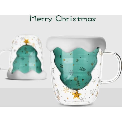 Merry Christmas Tree Double Wall Glass Latte Coffee Cup Cafe Shop Xmas Wish Star Event Adventure Mug Beautifully Teacup Gift Box