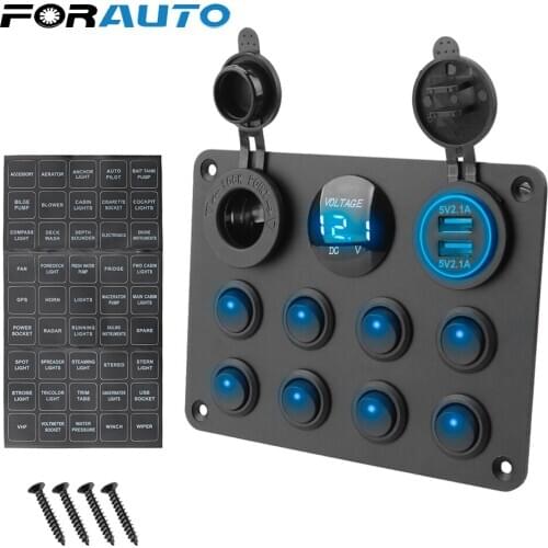 FORAUTO 8 Gang Car Marine LED Rocker Switch Panel Waterproof Circuit Digital Voltmeter Dual USB Port 12-24V Cigarette Light