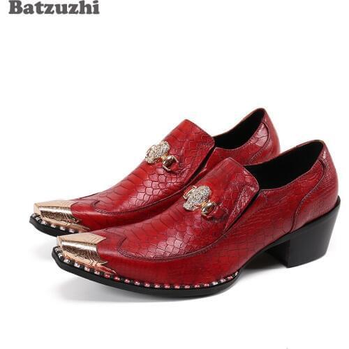 Batzuzhi 6.5cm High Heel Leather Shoes Men Formal Business Dress Shoes Vintage Metal Pointed Toe Red Wedding and Party Shoes Men