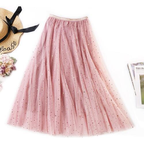 Spring Women Long Mesh Skirts Elastic High Waist Star Sequined Lace Skirt Female Ball Gown Skirts Sweet Tutu Skirt Saia AB1304