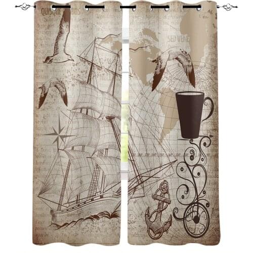Vintage Nautical Earth Ship Anchor Seagull Curtain For Kitchen Living Room Bedroom Curtains Home Decor Window Treatments Drapes