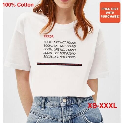BLINGPAW Minimalist Women Graphics T-shirt Error Social Life Not Found Short-sleeved Tops Tees O-Neck Casual 100% Cotton