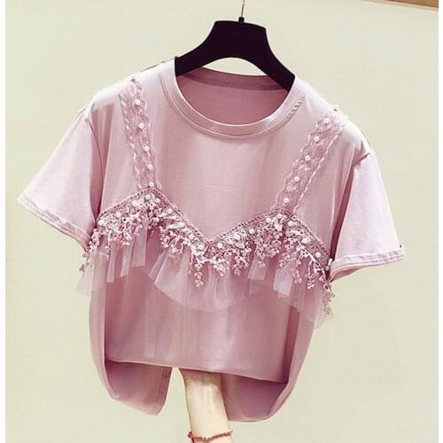 2021 Korean Version Fake Two-piece Cotton T-shirt Female Lace Beaded Lace Stitching Round Neck Short-sleeved WomenT-shirt