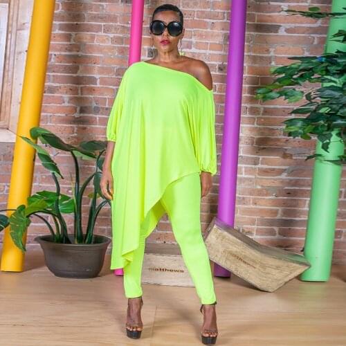 Batwing Sleeve Irregular Two Piece Set for Women Ladies Oblique Collar Half Sleeve Loose Top and Body-shaping Slim Long Pants