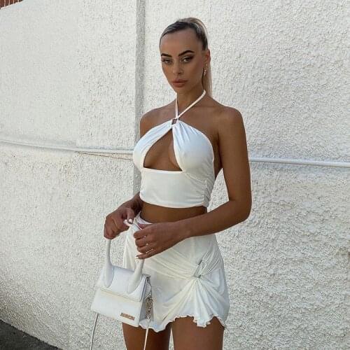 Two Piece Set Women 2021 Summer Sexy Skirt Sets Halter Hollow Out Tank Crop Top + Pleated Mini Skirt Fitness Sexy Club Female