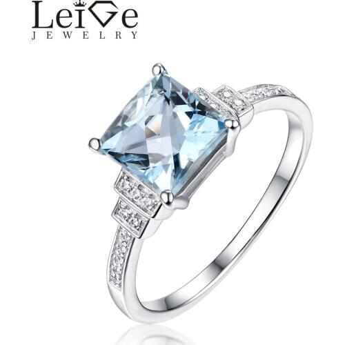 Leige Jewelry Blue Aquamarine Ring Square Cut Prong Setting 925 Silver Natural Gemstones Rings for Women Christmas Gift