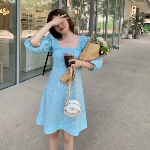 Women Dress 2021 Autumn New Style Pleated Floral Print Puff Sleeve Cotton Dress