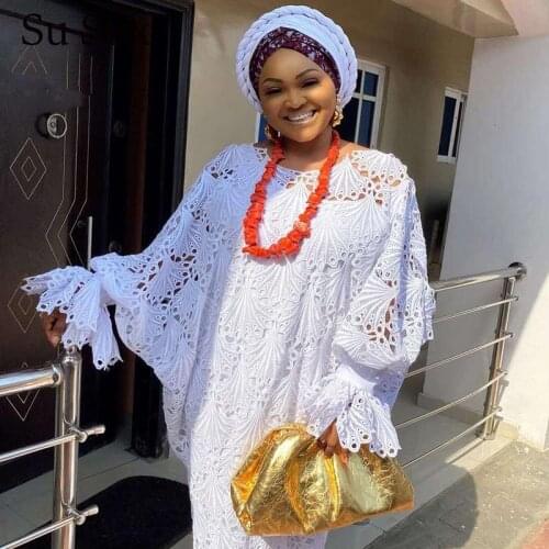 African Dresses For Women Plus Size Dress White Lace Maxi Dress African Clothes O-Neck Ruffles Sleeve Long Dress Partyclub