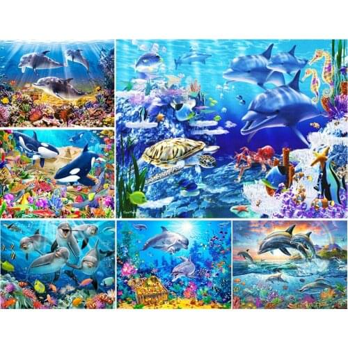 5D DIY Diamond Painting Animal Dolphins Cross Stitch Kits Full Drill Embroidery Mosaic Art Picture of Rhinestones Home Decor