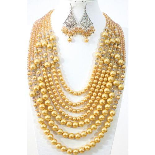 Charms yellow gold-color 7 rows necklace earrings round shell simulated-pearl crystal beads fashion classic jewelry set B1314