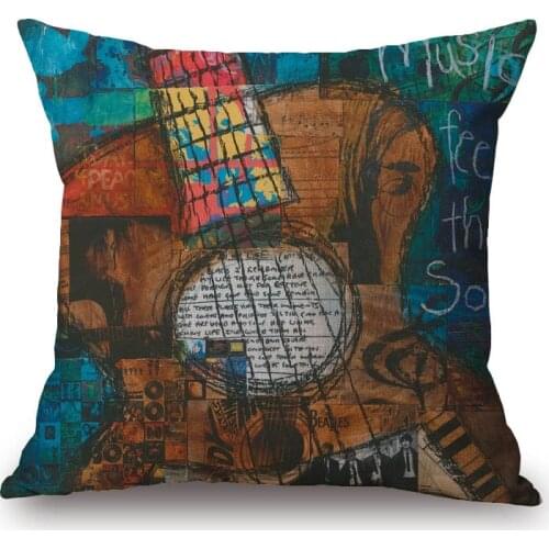 The Soul Guitar Cushion Covers Vintage Painting Pillow Case 45X45cm Beige Linen White Polyetser Sofa Decoration