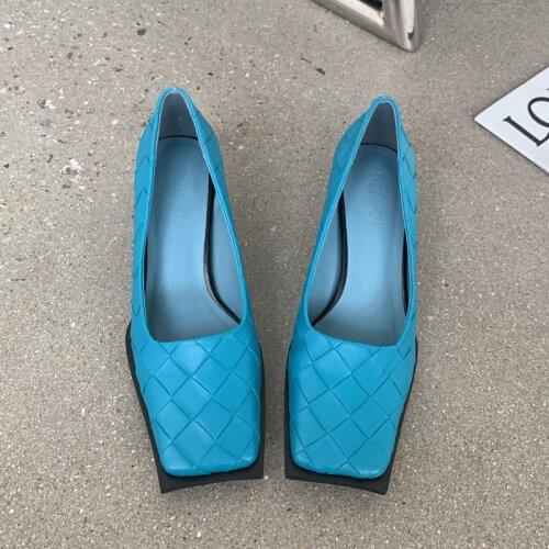Elegant High Heel Designer Brand Chunky Heels Shoes Ladies Dress Pumps Weave Pleated Career Work High Heel Shoes for Women 2021
