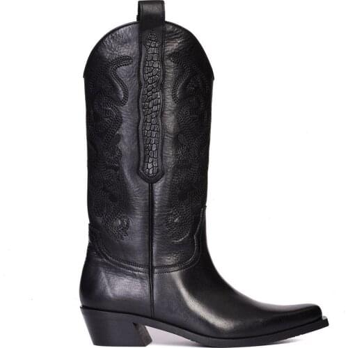 FootCourt- Black Genuine Leather Western Boots Snip Toe Boots Fashion Autumn Spring Knee-High Boots Western Stitch Handmade