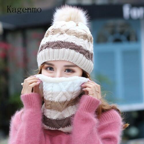Kagenmo New Woolen knit Cap and Scarf Thick Villus keep warm female twinset outdoor windproof face neck protection for Women