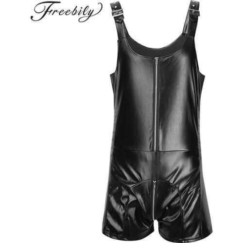 Mens Faux Leather One Piece Wrestling Singlet Jumpsuit Underwear Crotch Zipper Catsuits Vest Leotard Bodysuit Sexy Clubwear
