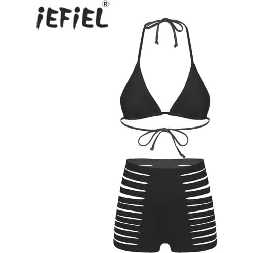 Women Exotic Skinny Lingerie Sets Ladies Lace-up Halter Padded Bras with Hollow Out Short Pants Sissy Nightwear for Nightclub