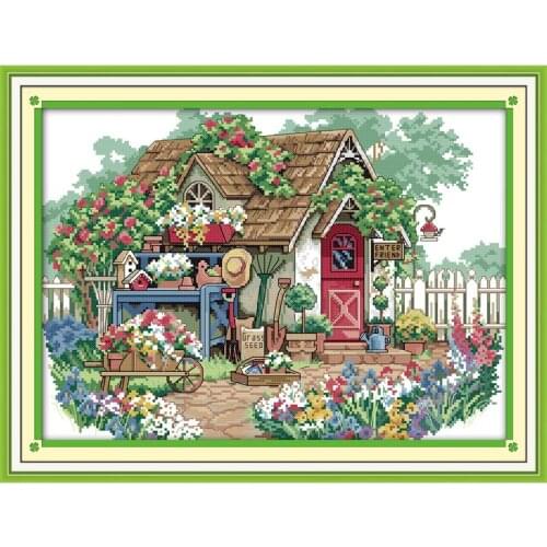 Beautiful Flower House Scenery Cross Stitch Kits 14CT Pattern DMC Chinese Hand Embroidery Needlework Decorations for Home Gifts