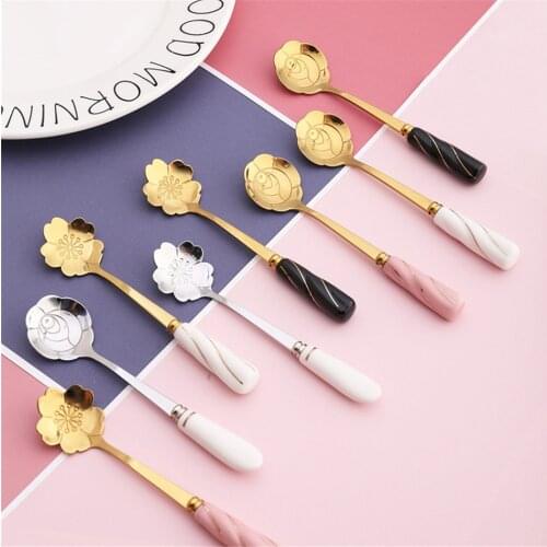 Creative Stainless Steel Coffee Stirring Flower Spoon Ceramic Handle Mug Gift Spoon Long Handle Cherry Blossom Rose Ice Spoon