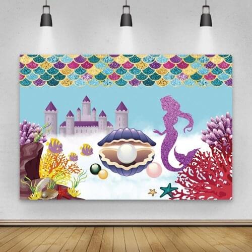Princess Mermaid Photography Background Underwater Theme Birthday Party Decoration Glitter Scales Backdrop for Photo Studio