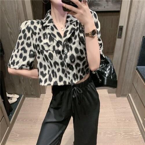 Summer retro leopard print short-sleeved shirt loose suit collar short single-breasted fashion wild blouse