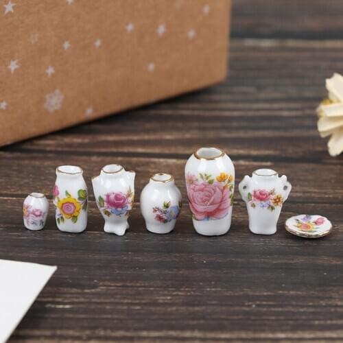 New Arrival 7 Pcs Mini 1:12 Dollhouse Miniature Porcelain Flower Vase Dolls House Accessories 1~2.5cm