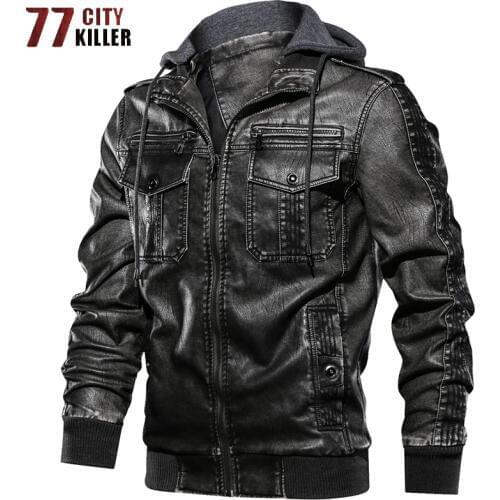 77City Killer Hooded Leather Jacket Men Motorcycle PU Leather Coats Male Euro Size Men Leather Jackets and Coats Dropshipping