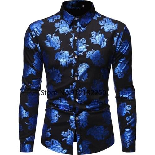 Fashion Bronzing Nightclub Floral Shirt Men Camisa Masculina 2021 Brand Slim Long Sleeve Mens Dress Shirts Business Casual Shirt