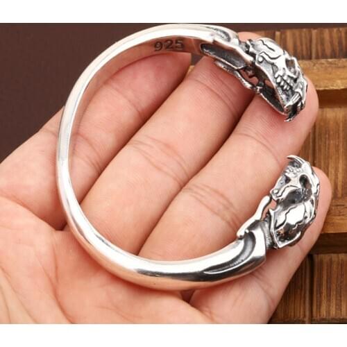 Vintage Thai Silver Tiger SKULL Bangle 925 Sterling Silver color Tiger Skeleton Bangle&bracelet Hip hop punk Man Bangle Jewelry