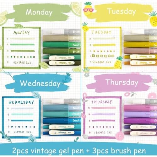 5pcs Vintage Color Gel Pen Plus Brush Pens Set Retro Light Colour Series DIY Scrapbook Office School Writting Painting Supplies