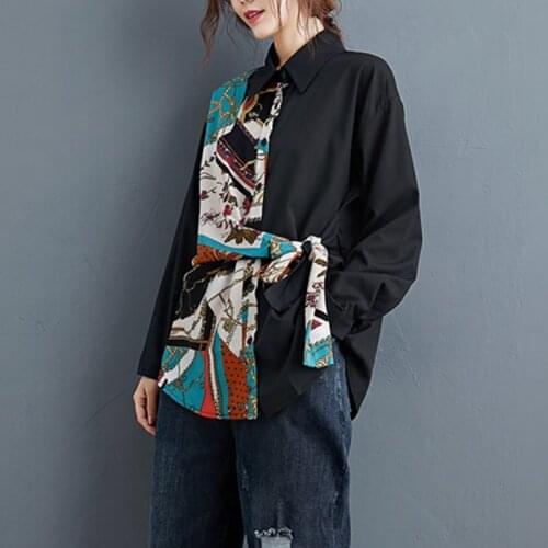 Autumn 2021 New Color Printing Stitching Lace-Up Shirt Plus Size WomenS Irregular Long-Sleeved Cardigan
